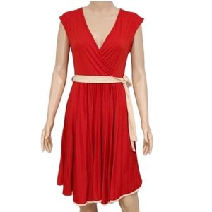 PAPILLON RED SLEEVELESS DRESS‎ WITH BEIGE BELT Sz S